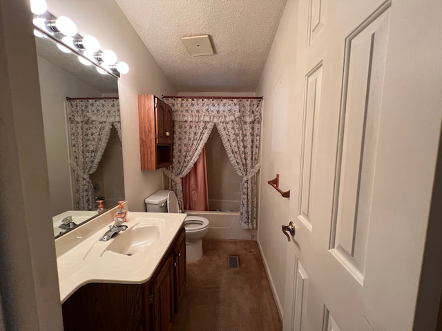 bathroom with shower / tub combo, baseboards, toilet, a textured ceiling, and vanity