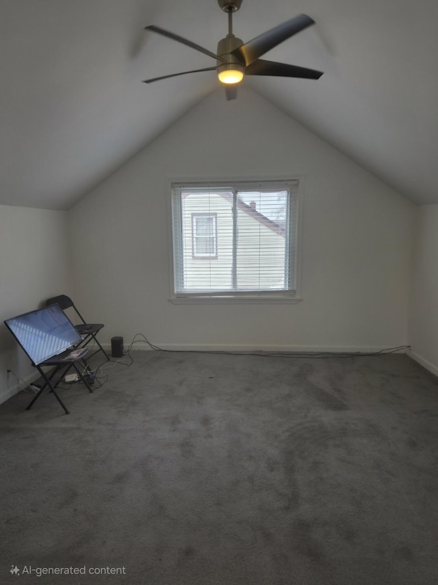 bonus room featuring lofted ceiling, carpet floors, a ceiling fan, and baseboards