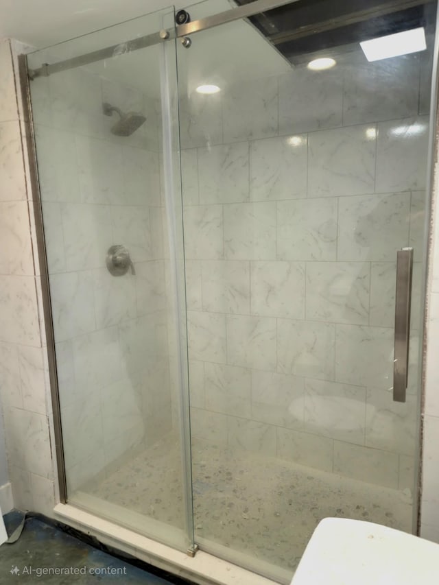 bathroom with a shower stall and toilet