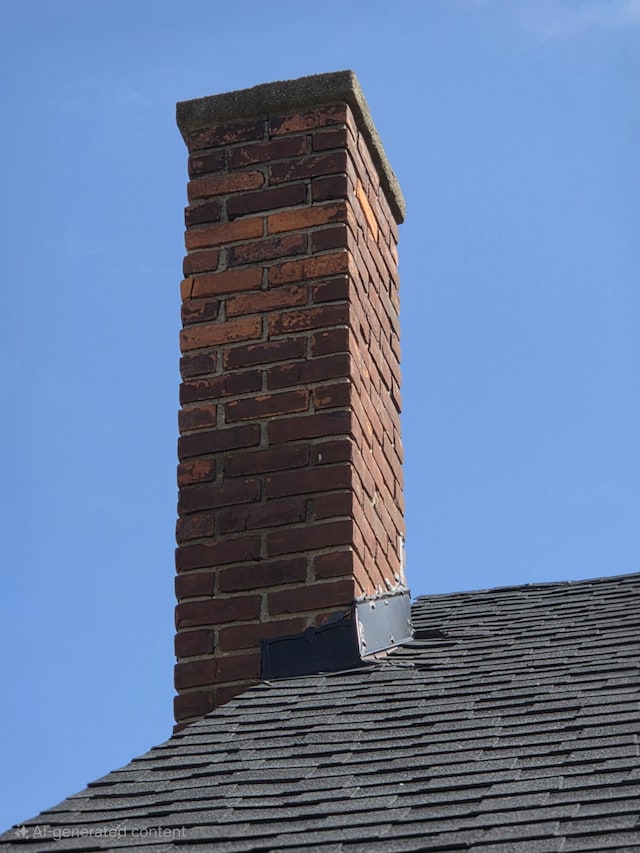 exterior details with a shingled roof and a chimney