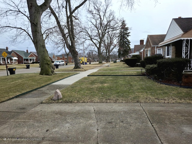 view of street with traffic signs, a residential view, and sidewalks