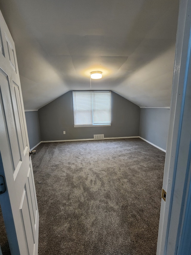 additional living space featuring visible vents, lofted ceiling, carpet, and baseboards