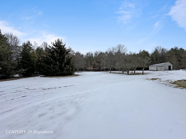 yard layered in snow with a garage