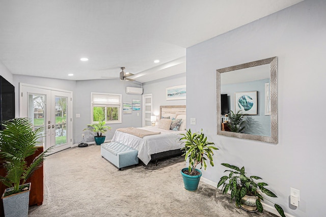 2159 Helmsford Dr, Wolverine Lake, MI 48390 - carpeted bedroom featuring baseboards, french doors, access to outside, a wall unit AC, and recessed lighting