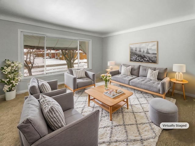 carpeted living area with baseboards