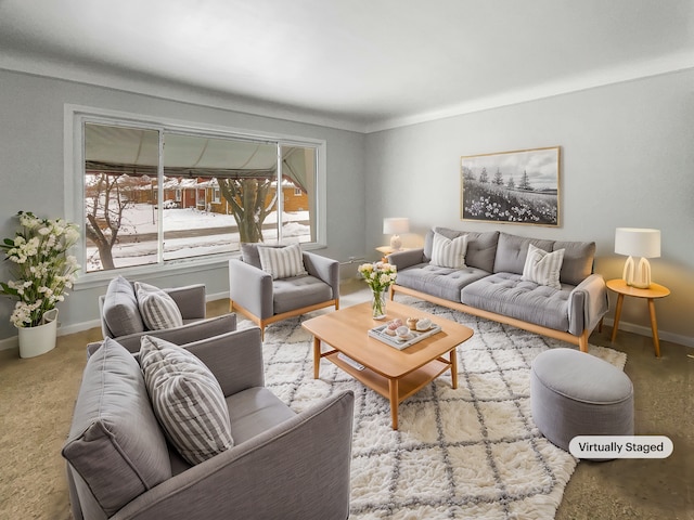 carpeted living area featuring baseboards