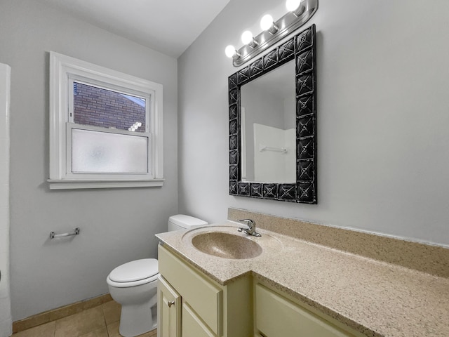 bathroom with toilet, tile patterned flooring, and vanity