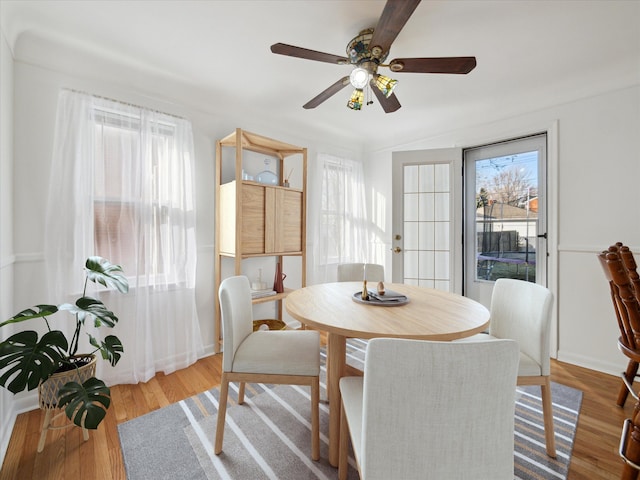 dining room with wood finished floors and a ceiling fan