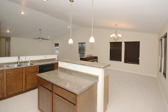 kitchen with lofted ceiling, a kitchen island, a sink, black dishwasher, and open floor plan