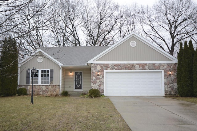 single story home with driveway, stone siding, and a front yard