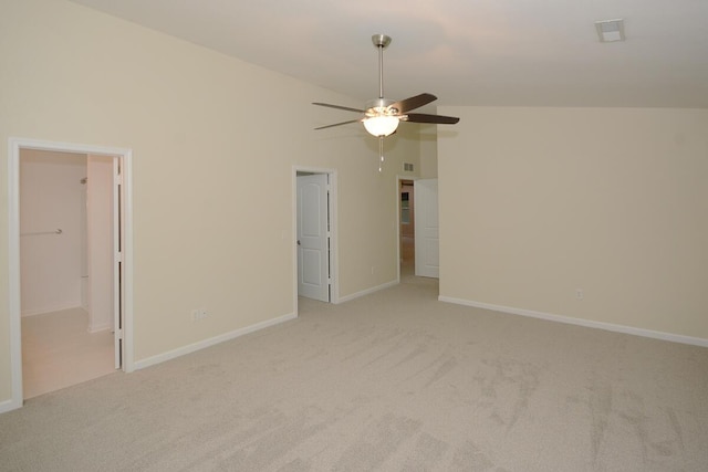 unfurnished bedroom featuring high vaulted ceiling, a ceiling fan, baseboards, and carpet flooring