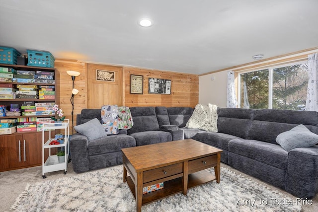 living area featuring wood walls and carpet