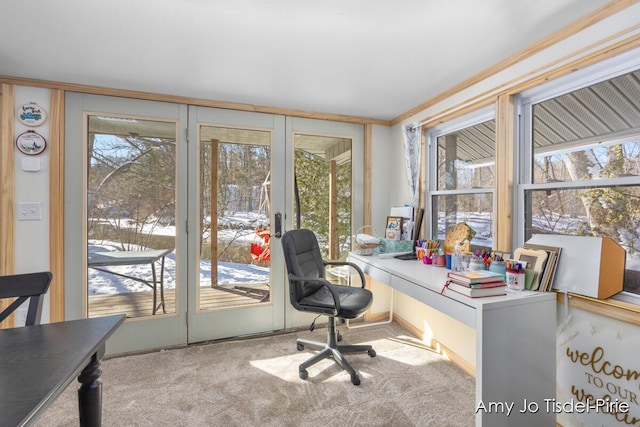 home office featuring carpet floors and built in study area