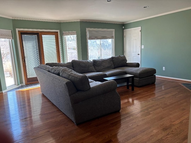 living room featuring dark wood-style floors, baseboards, and crown molding