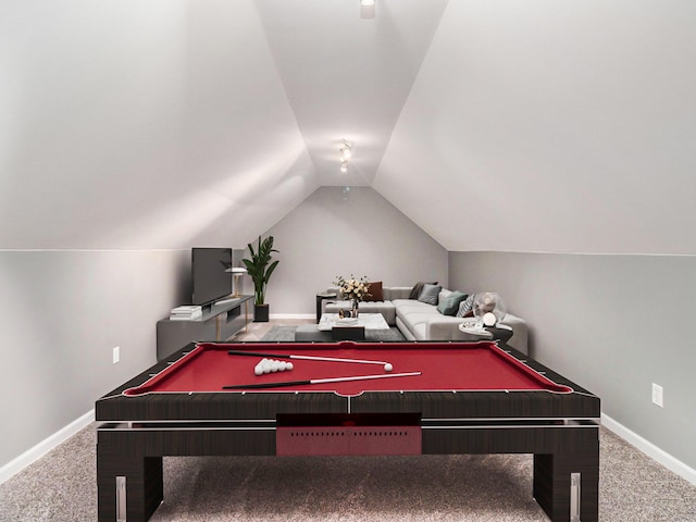 playroom featuring vaulted ceiling, carpet floors, and baseboards