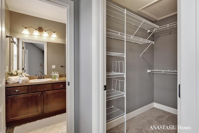 walk in closet with carpet and a sink