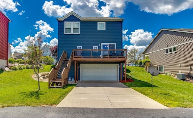 view of front of home featuring driveway, an attached garage, stairs, a front lawn, and central AC