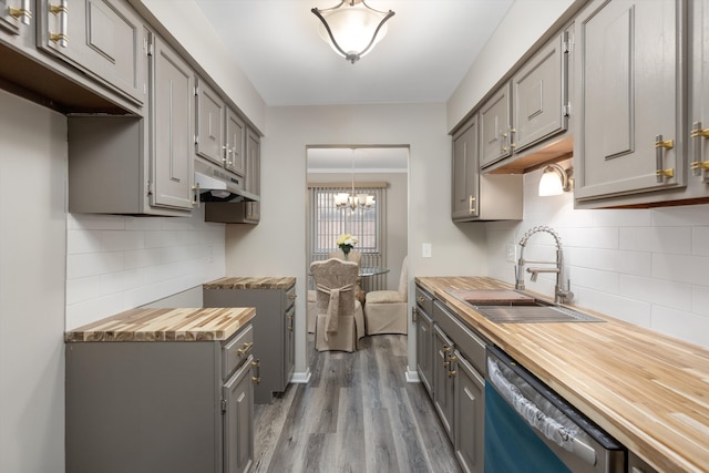 kitchen featuring under cabinet range hood, butcher block counters, a sink, stainless steel dishwasher, and gray cabinets