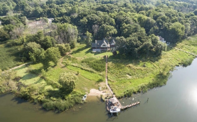 bird's eye view with a water view and a forest view