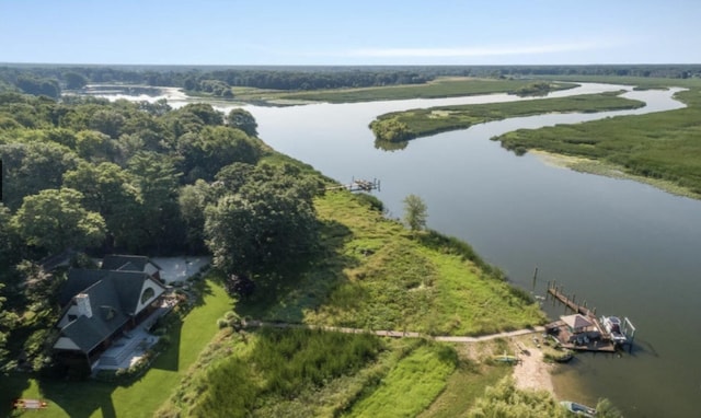 drone / aerial view featuring a water view and a view of trees