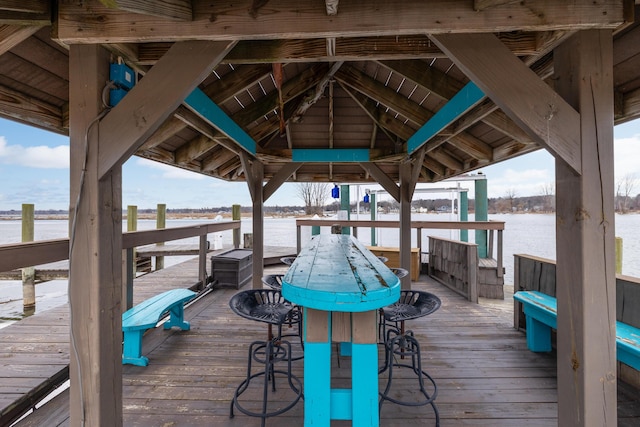 dock area featuring a water view and a gazebo