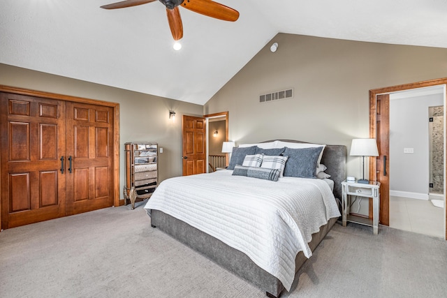 bedroom featuring carpet floors, high vaulted ceiling, ceiling fan, and visible vents