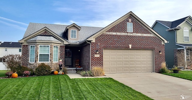 view of front facade with a garage, brick siding, driveway, and a front lawn