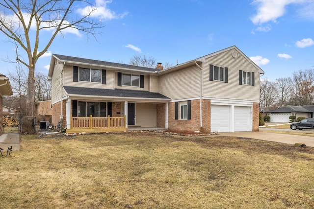 traditional-style home featuring a porch, an attached garage, central AC, brick siding, and concrete driveway