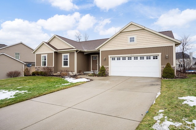 ranch-style home with a garage, driveway, stone siding, a front lawn, and board and batten siding