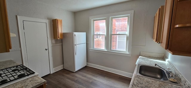 kitchen with a wealth of natural light, dark wood-type flooring, a sink, and freestanding refrigerator