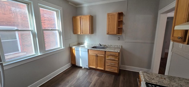 kitchen with white dishwasher, baseboards, open shelves, and dark wood-type flooring