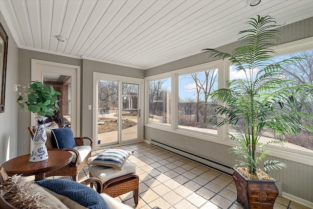 sunroom / solarium featuring tile patterned flooring, wood ceiling, and baseboard heating