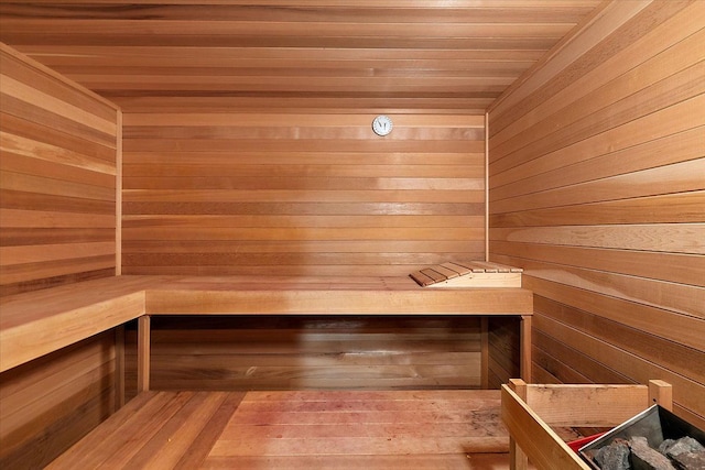 view of sauna with wood finished floors