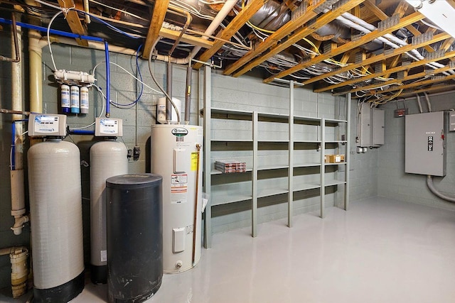 unfinished below grade area featuring water heater and electric panel