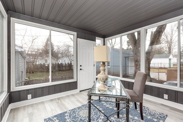 sunroom with wood ceiling and a healthy amount of sunlight