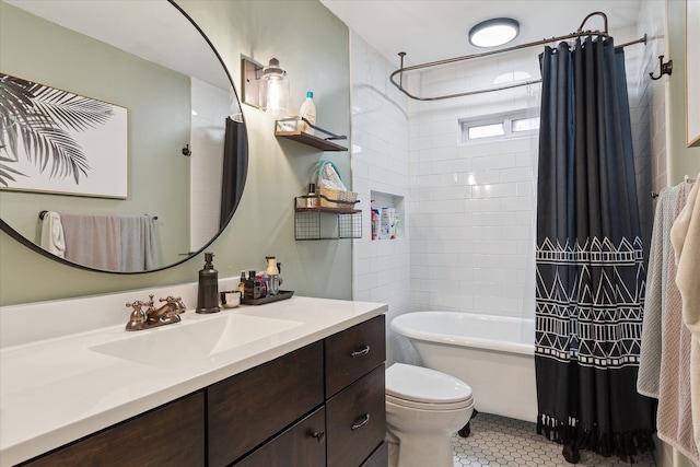 bathroom featuring shower / bath combination with curtain, vanity, toilet, and tile patterned floors