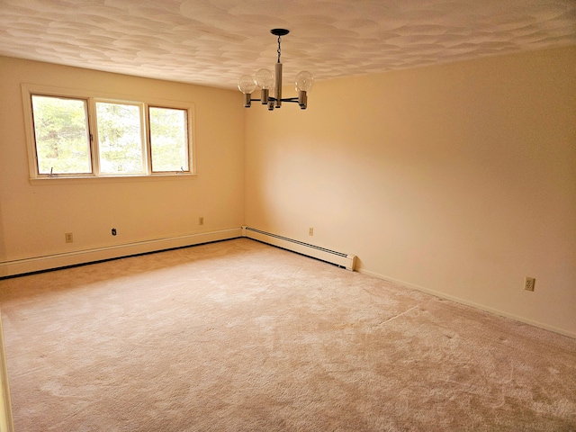 unfurnished room with an inviting chandelier, baseboards, and light colored carpet