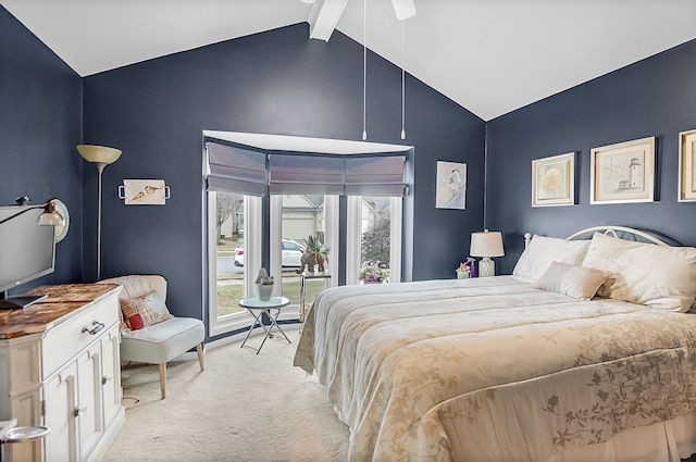 bedroom featuring vaulted ceiling with beams, access to outside, a ceiling fan, and light colored carpet