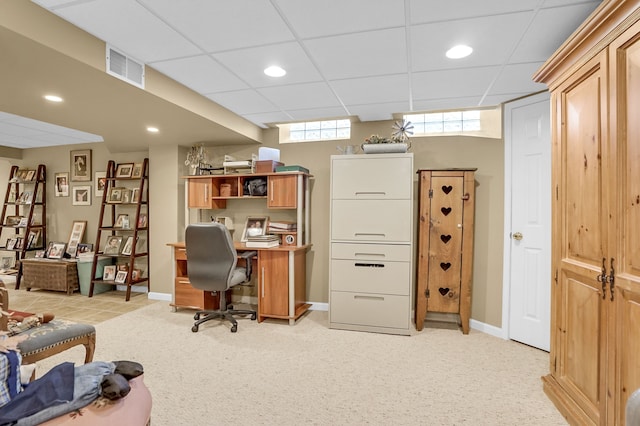 office featuring light colored carpet, visible vents, and recessed lighting