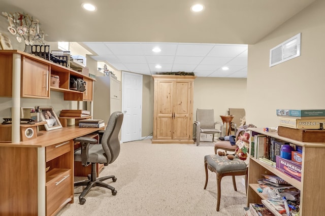 office with a drop ceiling, light colored carpet, visible vents, and recessed lighting