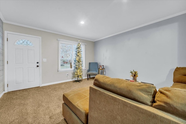 carpeted living area with baseboards and crown molding