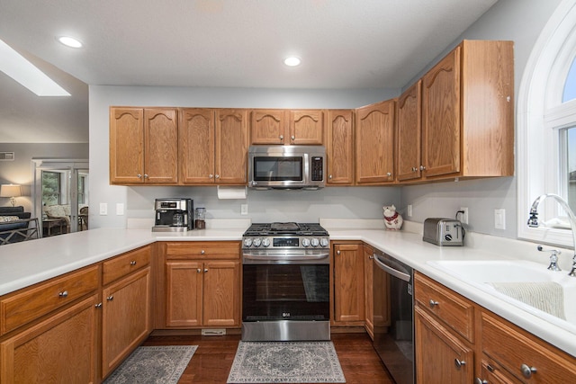 kitchen with a skylight, stainless steel appliances, light countertops, a sink, and plenty of natural light