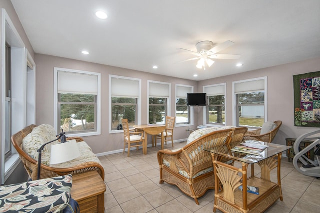 living room featuring recessed lighting, ceiling fan, baseboards, and light tile patterned floors