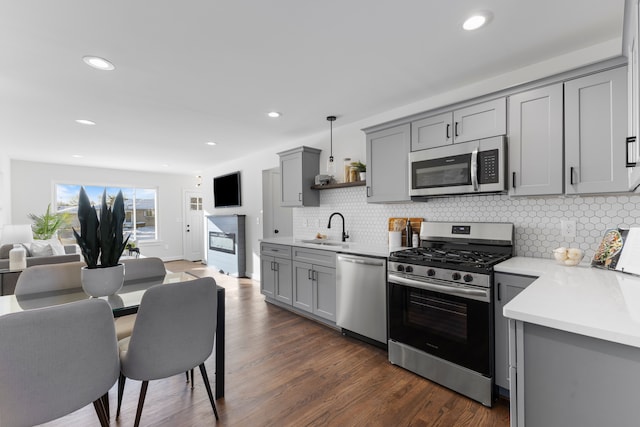 kitchen with gray cabinets, stainless steel appliances, a sink, and open floor plan