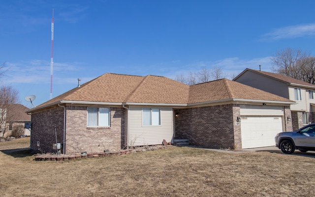 ranch-style house with brick siding, roof with shingles, concrete driveway, an attached garage, and a front lawn