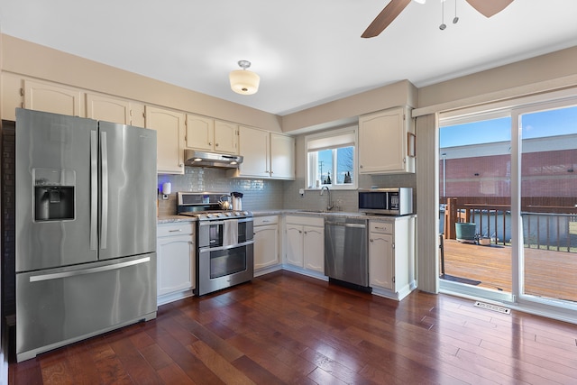 kitchen with under cabinet range hood, stainless steel appliances, a sink, backsplash, and dark wood-style floors