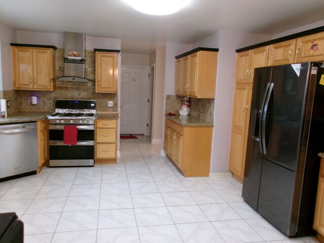 13267 Pearl Dr, Utica, MI 48315 - kitchen with tasteful backsplash, appliances with stainless steel finishes, wall chimney exhaust hood, and light stone counters