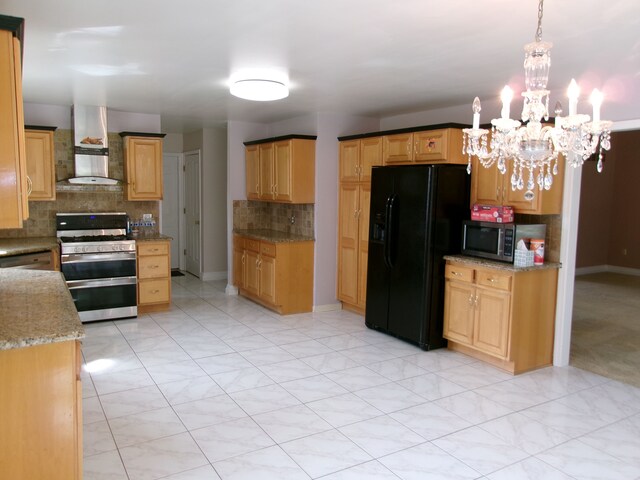 13267 Pearl Dr, Utica, MI 48315 - kitchen with wall chimney exhaust hood, a notable chandelier, appliances with stainless steel finishes, light stone countertops, and decorative backsplash
