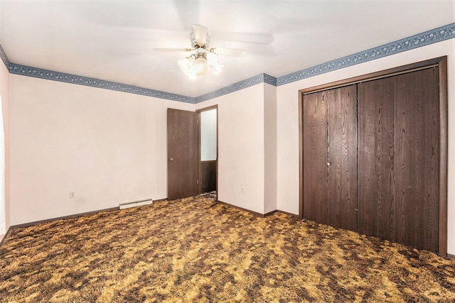 unfurnished bedroom with ceiling fan, a closet, carpet, and visible vents