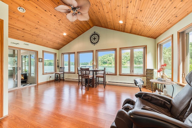 sunroom featuring vaulted ceiling, ceiling fan, a baseboard radiator, and wood ceiling